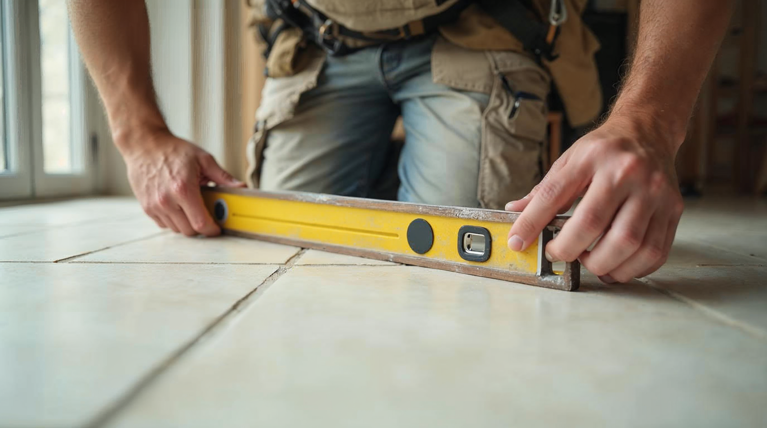 Fliesenleger prüft mit Wasserwaage Ebenheit einer verlegten Großformatfliese