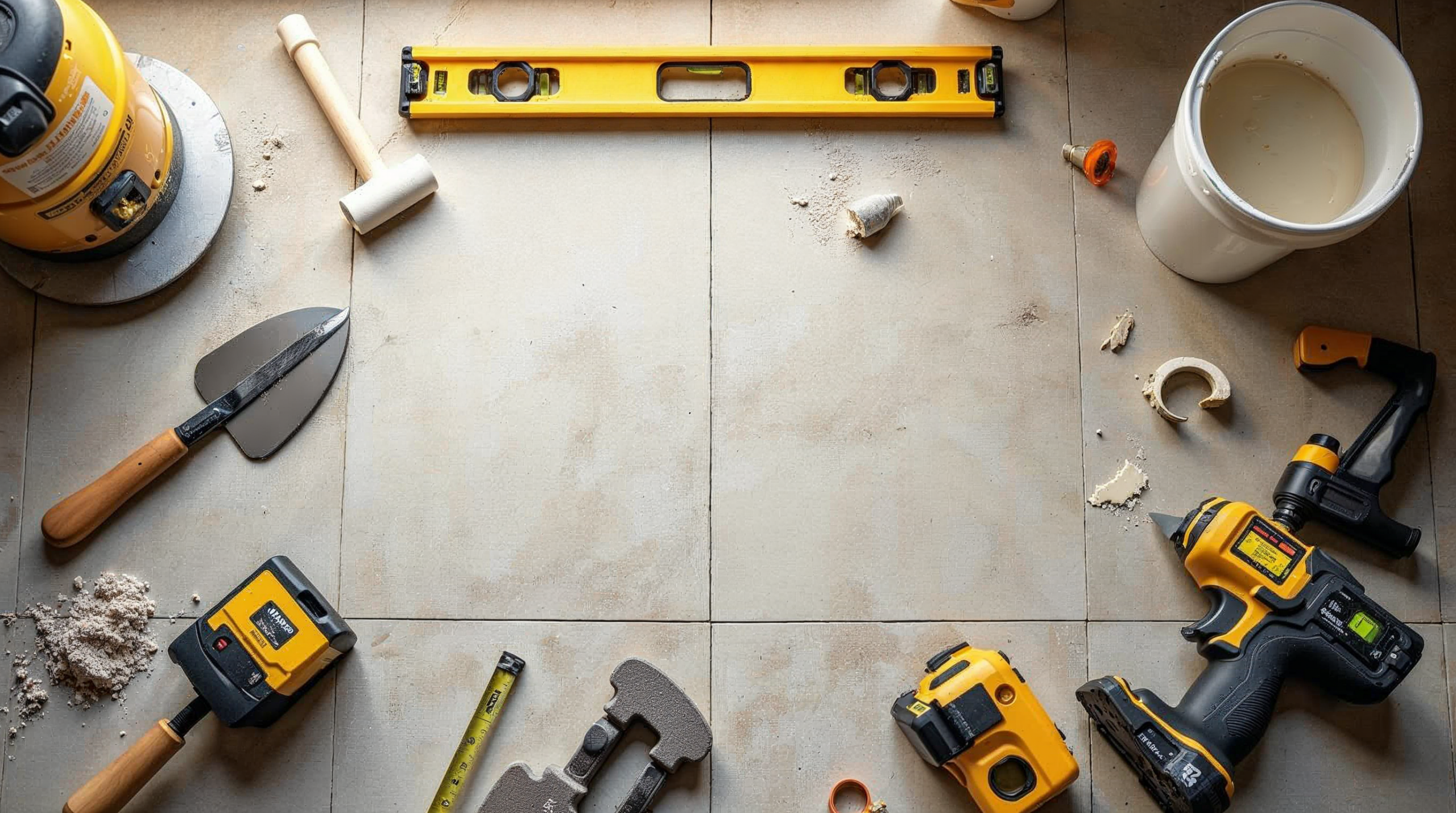 Professionelles Fliesenleger-Werkzeug: Zahnkelle, Wasserwaage, Fliesenschneider